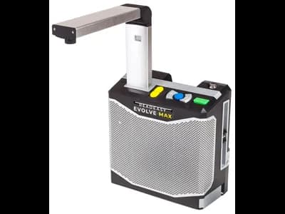 ReadEasy Evolve MAX standalone reading machine diagonal view showing camera arm, control buttons and stereo speakers