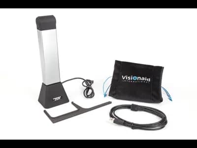 Readit ZEN complete package with camera in folded position, document guide, Visionaid drawstring bag, and USB cable