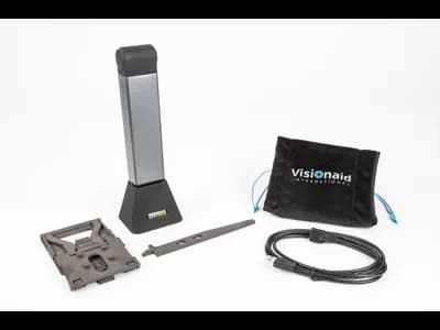 Readit ZEN MAX complete package including camera on stand, document guide, drawstring bag, and USB cable